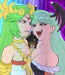 ? angel breasts capcom clothing crossover darkstalkers eye_contact fangs female green_hair head_wings implied_yuri kid_icarus kid_icarus_uprising long_hair medium_breasts morrigan_aensland nintendo palutena pit pit_(kid_icarus) red_snk succubus tagme teasing unamused walked_in_on white_skin wings_on_head