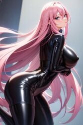 ai_generated big_ass big_breasts black_gloves black_latex blue_eyes bodysuit caelxn elbow_gloves flowing_hair gloves kawaii_dake_ja_nai_shikimori-san latex latex_armwear latex_breasts latex_clothing latex_gloves latex_legwear latex_nipples latex_stockings latex_suit latex_thighhighs long_hair pink_hair shikimori_micchon stable_diffusion thick_thighs