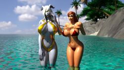 2girls 3d beach bikini blizzard_entertainment draenei ewely gold_eyes huge_breasts human human_(world_of_warcraft) justicaralb light-skinned_female light_skin lightforged_draenei looking_at_viewer neraah original_character piercing ponytail pussy red_hair sling_bikini warcraft white_hair world_of_warcraft