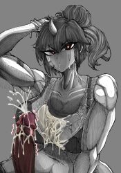 big_breasts big_penis black_white black_white_body bra cum cum_in_mouth cum_on_breasts futa_only futanari horn muscles muscular_futanari tofo_u uncut wet_clothes