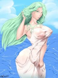 1girls breasts dress ettis99 female female_only fire_emblem fire_emblem:_three_houses green_eyes green_hair large_breasts long_hair nintendo rhea_(fire_emblem) see-through solo wet_clothes