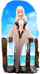 1girls absurdres alternate_costume azur_lane bismarck_(azur_lane) black_one-piece_swimsuit blonde_hair blue_eyes blush breasts cloud cloudy_sky cross full_body hair_between_eyes hey_taisyou highres iron_cross large_breasts long_hair looking_at_viewer navel ocean one-piece_swimsuit plunging_neckline sky solo stomach swimsuit very_long_hair