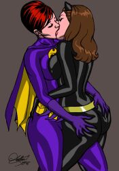 2girls ass ass_grab barbara_gordon batgirl batman_(series) batman_66 big_ass big_breasts cape catwoman curvy curvy_figure dat_ass dc dc_comics eyes_closed fat_ass female female_only french_kiss kaywest kissing lesbian_kiss lesbians light-skinned_female straight_hair superheroine villain villainess voluptuous voluptuous_female wide_hips yuri