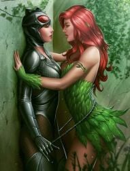 2girls against_wall batman_(series) big_breasts boob_window breast_to_breast breasts catwoman curvy curvy_female curvy_figure dc dc_comics duo female female_only fully_clothed gotham_city_sirens imminent_sex light-skinned_female long_hair moonarc poison_ivy red_hair straight_hair tight_clothing villain villainess whip wide_hips yuri