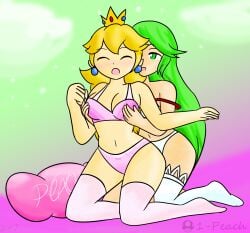 2girls crossover duo female female_only green_hair kid_icarus light-skinned_female long_hair mario_(series) nintendo palutena princess_peach simple_shading xero-j yuri