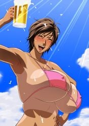 1girls alcohol alcoholic armpits bakunyuu bare_shoulders beer beer_mug bikini bikini_top blue_sky blush breasts brown_hair bursting_breasts cleavage closed_eyes cloud cloudy_sky collarbone covered_erect_nipples cup day drinking_glass drunk erect_nipples erect_nipples_under_bikini erect_nipples_under_swimsuit excited female female_focus hand_on_hip happy high_resolution highres holding holding_beer holding_drinking_glass huge_areolae huge_breasts huge_nipples intoxicated jewelry makeup masane_amaha micro_bikini micro_bikini_top micro_bra milf mug narrow_waist navel nipples nose_blush open_mouth outdoors pink_bikini pink_swimsuit puffy_areolae puffy_nipples ring shiny shiny_hair shiny_skin short_hair sky smile solo spill_on_breasts spilling sun sunlight swimsuit tan tan_skin tanline tatsunami_youtoku underboob upper_body witchblade