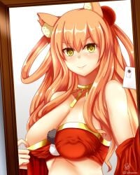 1girls blush breasts exposed_breasts fate/extra_ccc fate/grand_order fate_(series) female flashing fox_girl kemonomimi long_hair mirror pesamaru selfie smartphone solo suzuka_gozen_(fate) suzuka_gozen_(third_ascension)_(fate) tagme tummy upper_body yellow_eyes