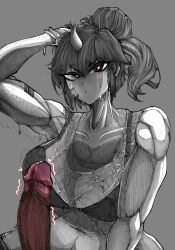 big_breasts big_penis black_white black_white_body bra futa_only futanari horn muscles muscular_futanari tofo_u uncut wet_clothes