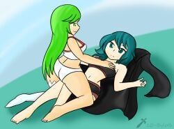 2girls byleth_(fire_emblem) byleth_(fire_emblem)_(female) crossover duo female female_only fire_emblem fire_emblem:_three_houses green_hair kid_icarus light-skinned_female long_hair nintendo palutena simple_shading xero-j yuri