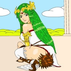 1girls ass big_ass big_butt butt chiboy622 female gladiator_sandals green_eyes green_hair kid_icarus laurel_crown light-skinned_female light_skin lips lipstick long_hair nintendo palutena pit pit_(kid_icarus) skyfall1999 tagme very_long_hair