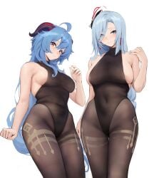 2girls big_breasts blue_hair chela77 clothed female_only ganyu_(genshin_impact) genshin_impact hip_dips looking_at_viewer pantyhose shenhe_(genshin_impact) sideboob silver_hair wide_hips