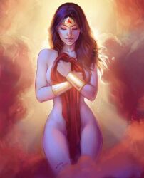 1girls big_breasts black_hair breasts cape covering covering_body curvy curvy_female curvy_figure dc dc_comics diana_prince eric_basaldua female female_only light-skinned_female nude nude_female solo straight_hair superheroine wide_hips wonder_woman wonder_woman_(series)