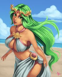 1girls beach big_breasts cleavage clothed female green_eyes green_hair kid_icarus lipstick long_hair looking_at_viewer nintendo palutena parsujera revealing_clothes solo underboob white_skin