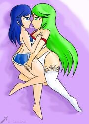 2girls crossover duo female female_only fire_emblem fire_emblem_awakening green_hair kid_icarus light-skinned_female long_hair lucina_(fire_emblem) nintendo palutena simple_shading xero-j yuri