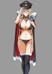 1girls ass_visible_through_thighs azur_lane bikini bismarck_(azur_lane) bismarck_(coat_of_arms) black_bikini black_cape black_headwear blonde_hair blue_eyes blush breasts cape collar fur-trimmed_cape fur-trimmed_legwear fur_trim gloves grey_background hair_between_eyes hat highres huge_breasts light-skinned_female light_skin long_hair metal_collar peaked_cap red_cape rekka_(alo4610) sideways_glance simple_background solo swimsuit thigh_gap thighhighs very_long_hair white_gloves