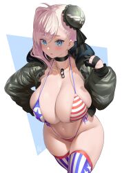 1girls american_flag_bikini asymmetrical_hair bikini blue_eyes bomber_jacket breasts cleavage fate/grand_order fate_(series) female high_resolution hips huge_breasts jacket large_breasts light-skinned_female light_skin long_hair massive_breasts miyamoto_musashi_(fate) miyamoto_musashi_(swimsuit_berserker) pink_hair thick_thighs thighs uo_denim wide_hips