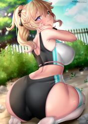 1girls ass blonde_hair blue_eyes blush breasts bubble_butt dat_ass female genshin_impact huge_ass jean_gunnhildr kneeling large_breasts light-skinned_female light_skin long_hair naughty_face oniilus outdoors ponytail smile sportswear