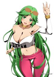 1girls artist_name big_breasts blush breasts busty cleavage excaliblader female female_only goddess green_hair highres kid_icarus large_breasts lipstick long_hair looking_at_viewer makeup midriff navel nintendo open_mouth palutena pants shirt sleeveless sleeveless_shirt smile solo sunglasses_on_head very_long_hair voluptuous