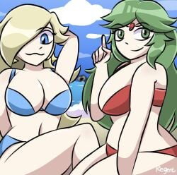 2girls arm_behind_head beach big_breasts big_thighs bikini blue_bikini blue_eyes blue_swimsuit breasts cleavage company_connection crossover duo earrings eyebrows_visible_through_hair female female_only green_eyes green_hair hair_over_one_eye hand_behind_head kid_icarus light-skinned_female light_skin long_hair looking_at_viewer mario_(series) nintendo pale-skinned_female pale_skin palutena platinum_blonde_hair princess_rosalina red_bikini red_swimsuit regentb01 rosetta_(super_mario_galaxy) star_earrings swimsuit tagme thick thick_hips thick_thighs very_long_hair wide_hips