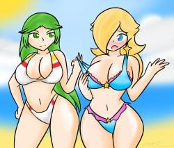 2girls bikini company_connection crossover curvy duo earrings female female_only green_hair kid_icarus light-skinned_female light_skin long_hair mario_(series) nintendo palutena princess_rosalina star_earrings tagme xero-j