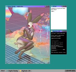 anthro antylamon bandai_namco computer_screen dialogue digimon digimon_(species) female genitals looking_at_viewer mafty_(artist) microsoft microsoft_windows neon neon_grid palm_tree pussy pyramid simple_background solo vaporwave windows_95