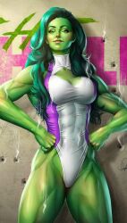 1girls abs artist_name artist_signature big_breasts clothed curvy douglas_bicalho female female_only green_eyes green_hair green_skin hands_on_hips highleg_leotard hulk_(series) leotard long_hair marvel marvel_comics muscles muscular muscular_female muscular_thighs pose posing she-hulk signature smile smirk smirking solo