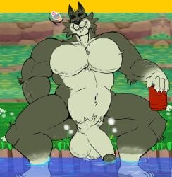 animal_crossing anthro balls bara barazoku big_balls big_penis closed_eyes dobie_(animal_crossing) furry lycandeep male male_only muscles muscular nintendo nude older_male partially_submerged penis solo solo_male spread_legs wolf