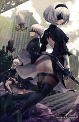 1boy 2girls ass black_dress blindfold boots detailed_background dress high_heel_boots high_heels holding_sword holding_weapon kamaniki nier nier:_automata nier_(series) short_hair square_enix sword tagme thighs upskirt weapon white_hair yorha_2b yorha_9s yorha_a2