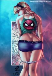 1girls 2017 ass ass_focus big_ass blonde_hair breasts cedric_humbert curvy fat_ass female female_only gwen_stacy gwen_stacy_(classic) hairband headband human human_only light-skinned_female light_skin marvel marvel_comics panties pawg renato_camilo skirt solo solo_female spider-man_crop_top straight_hair themed_clothes underwear undressing white_panties wide_hips