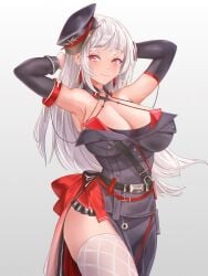 1girls armpits azur_lane cleavage eyebrows_visible_through_hair female female_only gatchapowa hat iron_blood_(azur_lane) light-skinned_female light_skin pink_eyes solo white_hair yorck_(azur_lane)