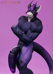 anthro balls biceps black_sclera blender_(software) digital_media_(artwork) dragon drboumboom32 flaccid flexing fur furred_dragon genitals hi_res horn male maxwell_grym_(maxwellgrym) muscular one_eye_closed pecs penis purple_body purple_fur purple_penis smile smirk solo wink