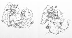 2girls anthro assisted_exposure big_areola big_nipples bottomless breasts breasts_out coco_bandicoot cowgirl crash_(series) dark_nipples erect_nipples eyelashes furry hat huge_breasts long_hair looking_at_viewer mischievous_smile monochrome naughty_face open_clothes open_shirt overalls shirt_lift sketch sweat tawna_bandicoot threesome twistedterra uncensored uncolored vaginal_penetration zenox