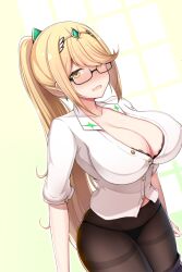 1girls black-framed_glasses black_lingerie black_panties blonde_hair blouse bra_peek breasts cleavage deep_cleavage earrings full_cleavage g-string glasses huge_breasts kana_(ky4696) large_breasts lingerie looking_at_viewer mythra nintendo office_lady panties panties_under_pantyhose pantyhose pencil_skirt ponytail secretary skirt skirt_down skirt_pull thighband_pantyhose tiara unbuttoning_shirt white_blouse white_shirt xenoblade_(series) xenoblade_chronicles_2 yellow_eyes