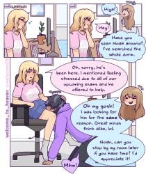 1boy 2girls black_hair blonde_hair brown_hair clothed_sex college comic cunnilingus dark-skinned_male dialogue english_text femdom free_use gentle_femdom malesub medium_hair petting short_hair straight stress_relief text welcome_to_heaven wholesome
