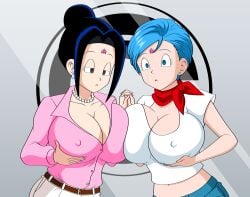 2girls 2milfs absurdres brainwashed brainwashing breast_press breasts bulma_briefs chichi chichi_(bulma's_party) cleavage dragon_ball dragon_ball_z drone droneification empty_eyes expressionless femsub holding_breasts holding_hands huge_breasts hypnosis identity_death jimryu microchip milf mind_control symmetrical_docking tech_control