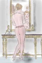 1girls artist_request blonde_hair high_heels looking_in_mirror old_phone pantyhose pearl_necklace red_lipstick small_ass small_breasts tagme topless_female