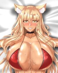 big_breasts bikini blonde_hair blush caramel-skinned_female caramel_skin fangs fate/extra_ccc fate/grand_order fox_ears fox_girl fox_humanoid gold_eyes golden_eyes gritted_teeth juno_(pixiv32541104) kitsune kitsunemimi large_breasts looking_at_viewer shiny_skin smiling_at_viewer suzuka_gozen_(fate) suzuka_gozen_(santa)_(fate) sweat sweatdrop sweating sweaty_body sweaty_breasts tagme tan-skinned_female upper_body wet_breasts wet_cleavage