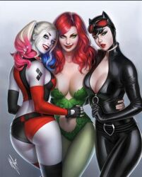 3girls artist_request ass batman_(series) big_ass big_breasts black_hair blonde_hair breasts catwoman curvy curvy_female curvy_figure dc dc_comics dyed_hair female female_only gotham_city_sirens harley_quinn latex_suit light-skinned_female lipstick multicolored_hair multiple_girls pale-skinned_female poison_ivy red_hair red_lipstick smile straight_hair tight_clothing villainess voluptuous voluptuous_female wide_hips