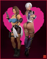 2girls 3d artist_name athletic athletic_female big_breasts breasts busty capcom cleavage crossover curvaceous curvy curvy_figure eyebrows eyelashes eyes female female_focus female_only fit fit_female hips hourglass_figure huge_breasts human isabella_valentine jill_valentine large_breasts legs light-skinned_female light_skin lips mature_female nathanomir resident_evil resident_evil_3 resident_evil_3_remake soul_calibur thick_legs thick_thighs thighs top_heavy upper_body voluptuous waist watermark wide_hips