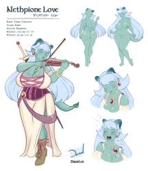 1girls bard blue_hair blush boots bustier cleavage closed_eyes crying dazol demon_girl dnd dungeons_and_dragons earrings green_skin horns huge_breasts large_breasts naked_female necklace nethpione_love plump singing sword tagme tail tiefling tiefling_girl violin white_eyelashes