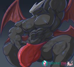 abs anthro areola bandai_namco black_body bulge cyberdramon digimon digimon_(species) hi_res male masterelrest muscular muscular_anthro muscular_male nipples pecs solo wings