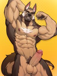 2022 abs absurd_res anthro balls biceps bodily_fluids brown_body brown_ears brown_fur canid canine canis domestic_dog erection foreskin frenulum fur genital_fluids genitals glans hi_res male mammal muscular muscular_anthro muscular_male nipples nude patrick_(drks) pecs penis pink_glans precum retracted_foreskin solo uiokv vein white_body white_fur