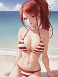 1girls ai_generated bare_shoulders beach bikini cleavage female large_breasts long_hair looking_at_viewer navel ocean original original_character outdoors ponytail red_eyes shmebulock36 sitting solo solo_female