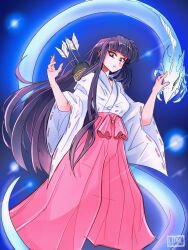 1girls 2020 2d black_hair blue_eyes breasts clothed clothing female ghost hakama human inuyasha kikyo_(inuyasha) lethalbliss light-skinned_female light_skin long_hair looking_at_viewer miko petting small_breasts spirit standing very_long_hair