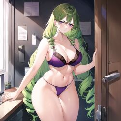 ai_generated angry disdain green_hair lingerie milf office office_lady purple_eyes stable_diffusion underwear