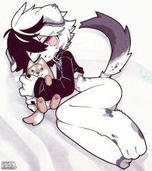 1boy animal_ears animal_tail anthro ass black_hair black_nail_polish bottomless canine dog_boy dog_ears dog_tail femboy funamusea funamusea_(artist) furry hugging_plushie male_only multicolored_hair nail_polish official_art original_character plushie red_eyes skeb_commission solo solo_male tail two-tone_hair white_hair white_skin