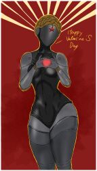 athletic athletic_female atomic_heart big_breasts blonde_hair braid curvy_figure faceless_forefront heart_hands navel robot robot_girl short_hair the_twins_(atomic_heart) thick_thighs thighhighs valentine's_day wide_hips