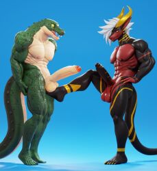 3d_(artwork) abs anthro balls big_balls big_penis black_body black_claws canid canine canis clawed_fingers claws connivingrat crocodile crocodilian crocodylid digital_media_(artwork) dragon duncan_(strahinium) duo ear_piercing foot_on_balls genitals green_body green_skin hair helm_(connivingrat) horn humanoid_genitalia humanoid_penis male male_only mammal markings muscular muscular_male nipples nude nude_male peach_body pecs penis piercing plantigrade red_body reptile scalie standing stripes toe_claws vein veiny_penis white_hair wolf yellow_eyes yellow_horn yellow_sclera