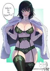 big_breasts breasts busty cleavage clothed clothing coat curvy dark_green_hair front_view fubuki_(one-punch_man) fur fur_coat green_eyes green_hair green_lingerie hips hourglass_figure kajinman lace-trimmed_bra lace-trimmed_panties lace-trimmed_thighhighs large_breasts light-skinned_female light_skin lingerie lips lipstick medium_hair necklace one-punch_man saitama shiny_skin short_hair slim smile text text_bubble thick thick_thighs thighs valentine's_day voluptuous wide_hips