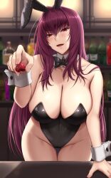 1girls akitsuki_karasu animal_ears black_leotard bowtie breasts chocolate cleavage fate/grand_order fate_(series) female indoors leaning_forward leotard long_hair purple_hair rabbit_ears red_eyes scathach_(fate) scathach_(piercing_bunny) smile very_long_hair wrist_cuffs